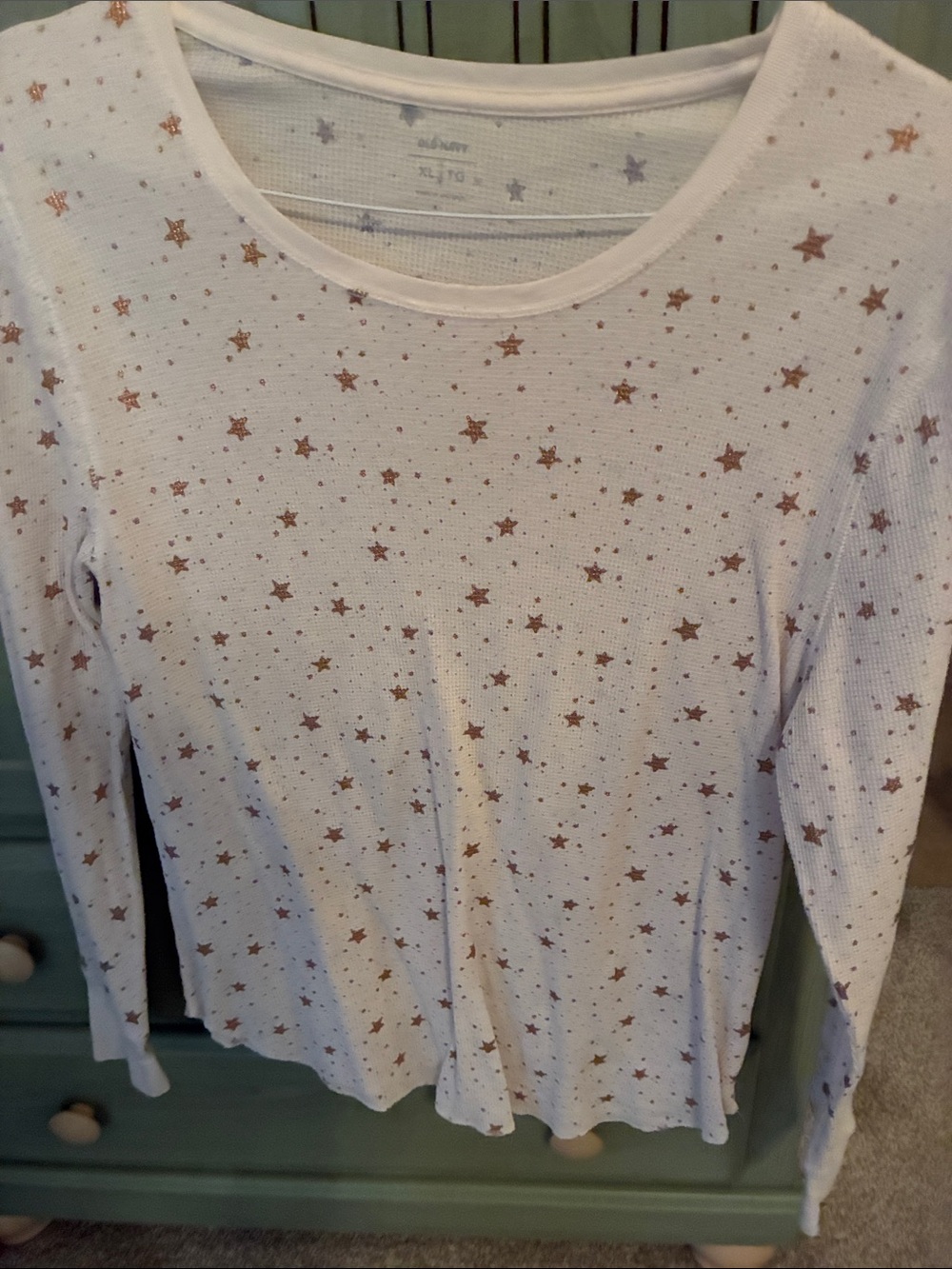 Ladies Long-Sleeve Star Print Top - White with Gold Stars